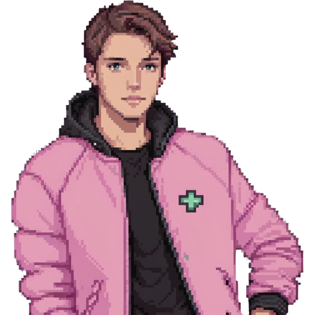 Garett Garrison from Minecraft movie wearing a pink jacket emoji