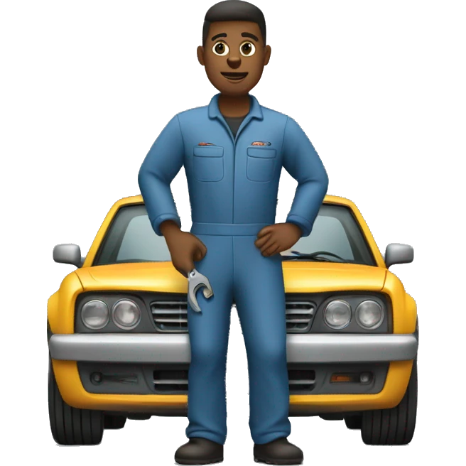 A mechanic working in a garage, wearing a jumpsuit, holding a wrench, and standing next to a car that needs repairs emoji