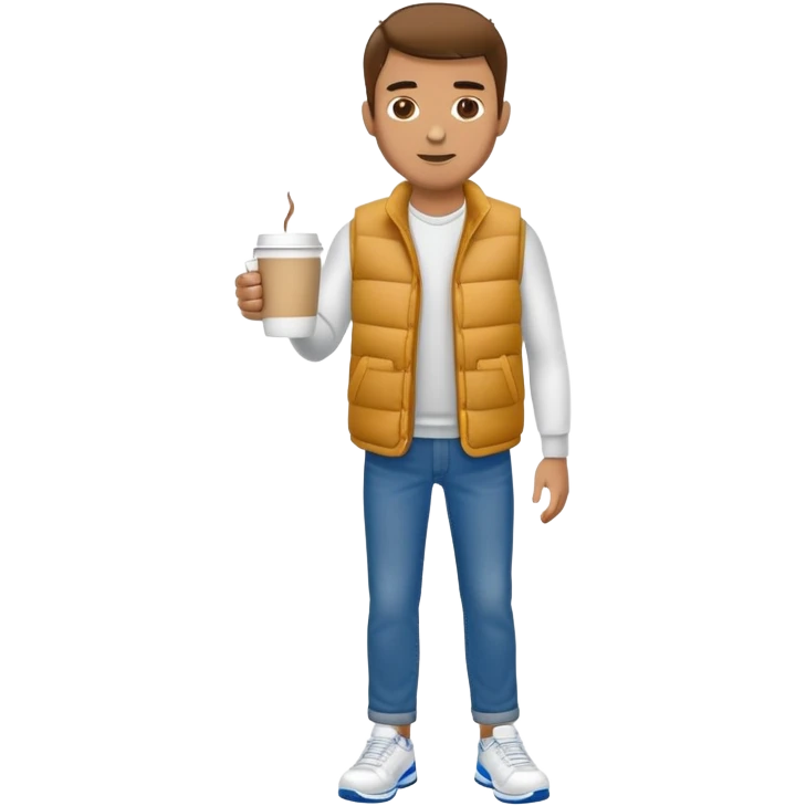 full body man with plain puffy vest with no pockets over long sleeved shirt wearing straight uncuffed blue jeans and tennis shoes holding coffee mug in his hand emoji