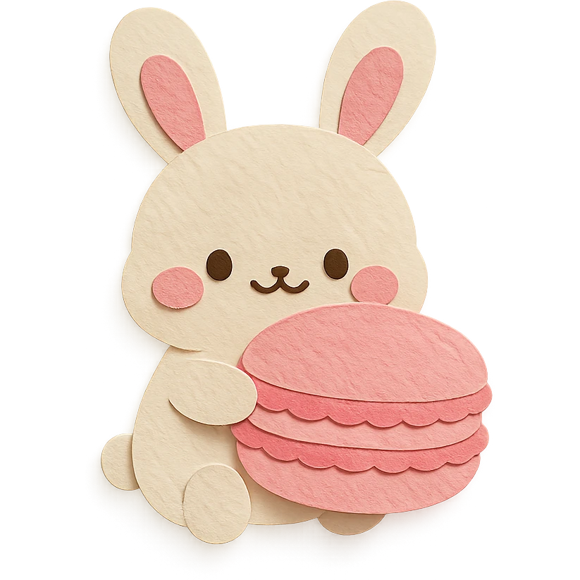 chibi bunny holding a giant macaron, soft pink background, pastel dessert theme, adorable illustration emoji