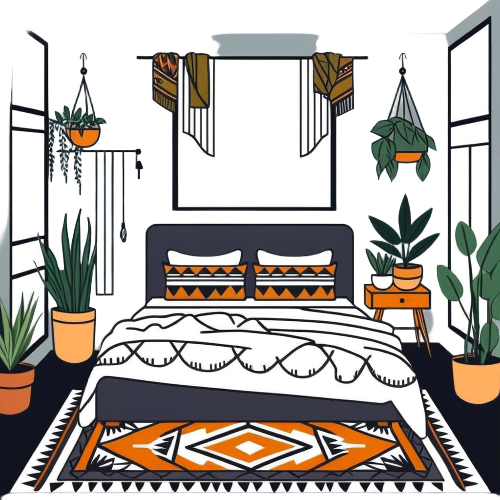 modern bohemian bedroom with hanging plants, layered patterned rugs, and lots of cozy blankets on bed emoji