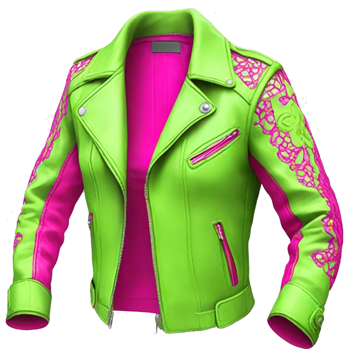 Realistic isolated side view of an open lime green fashion leather jacket with hot pink lace. emoji
