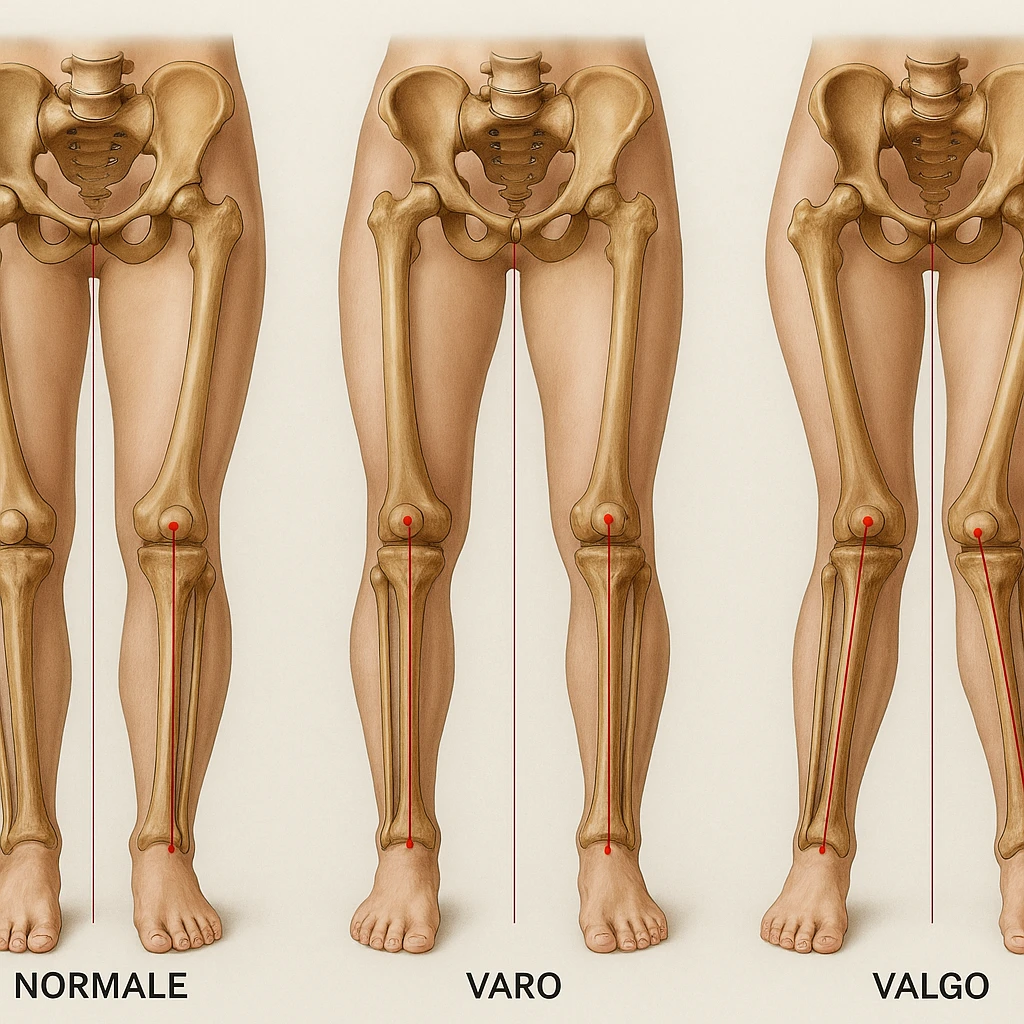 Create a hyperrealistic anatomical illustration in 4K resolution with a 1:1 proportion, showing three types of knees from a frontal view: normal knee, varus knee (bow-legged), and valgus knee (knock-kneed). Highlight the bones of the pelvis, femur, tibia, and fibula with red lines indicating the mechanical axis as in the reference image. The style should be medical and realistic with detailed anatomical features and a neutral background. emoji