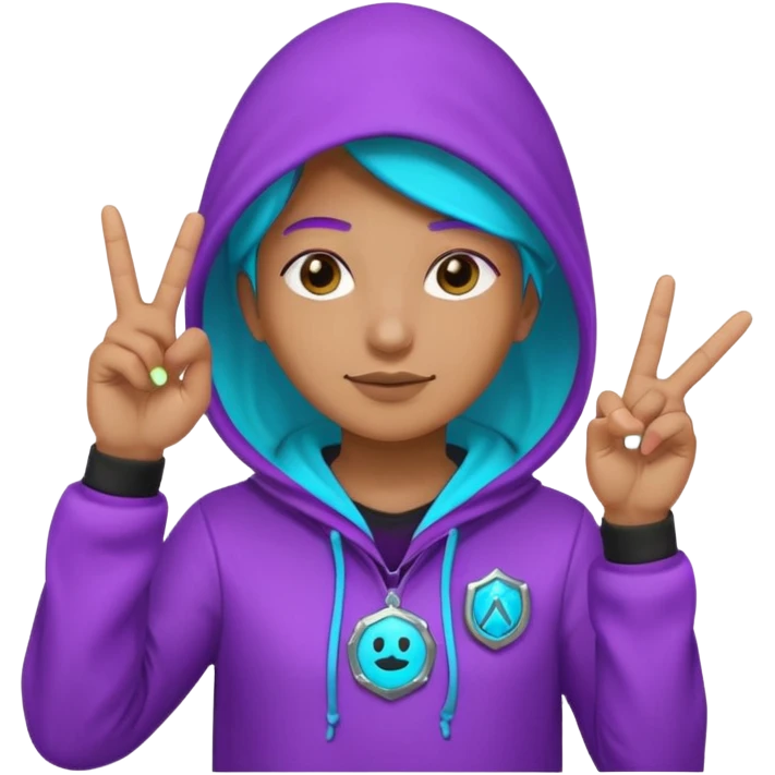 Hooded Vault Pioneer saluting with two fingers, neon purple-cyan glow, badge on chest, emoji style emoji