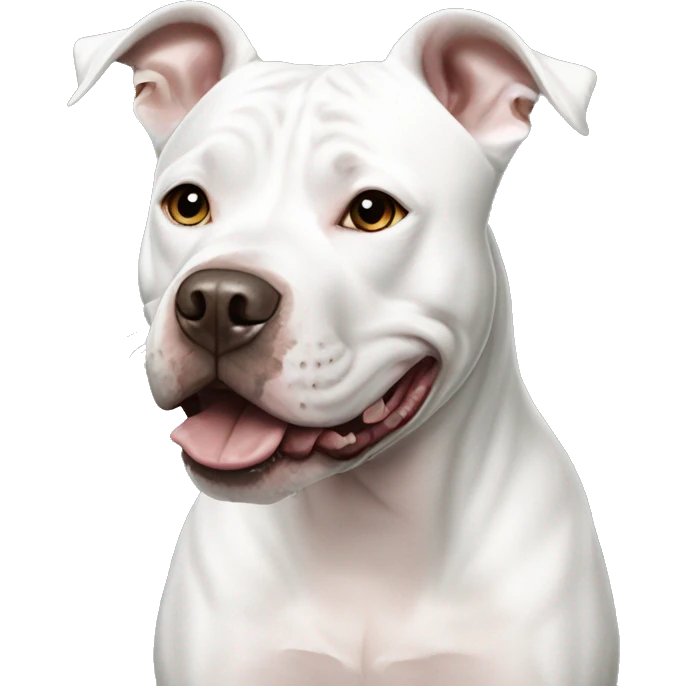 Smiling White American Staffordshire terrier with light gray/brown patches by only her left ear and blue eyes emoji