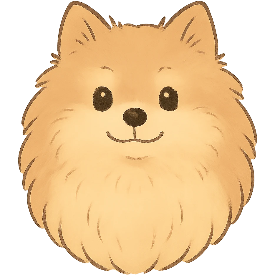 A Pomeranian Spitz emoji in the style of Ghibli films, with soft colors and a gentle expression. emoji