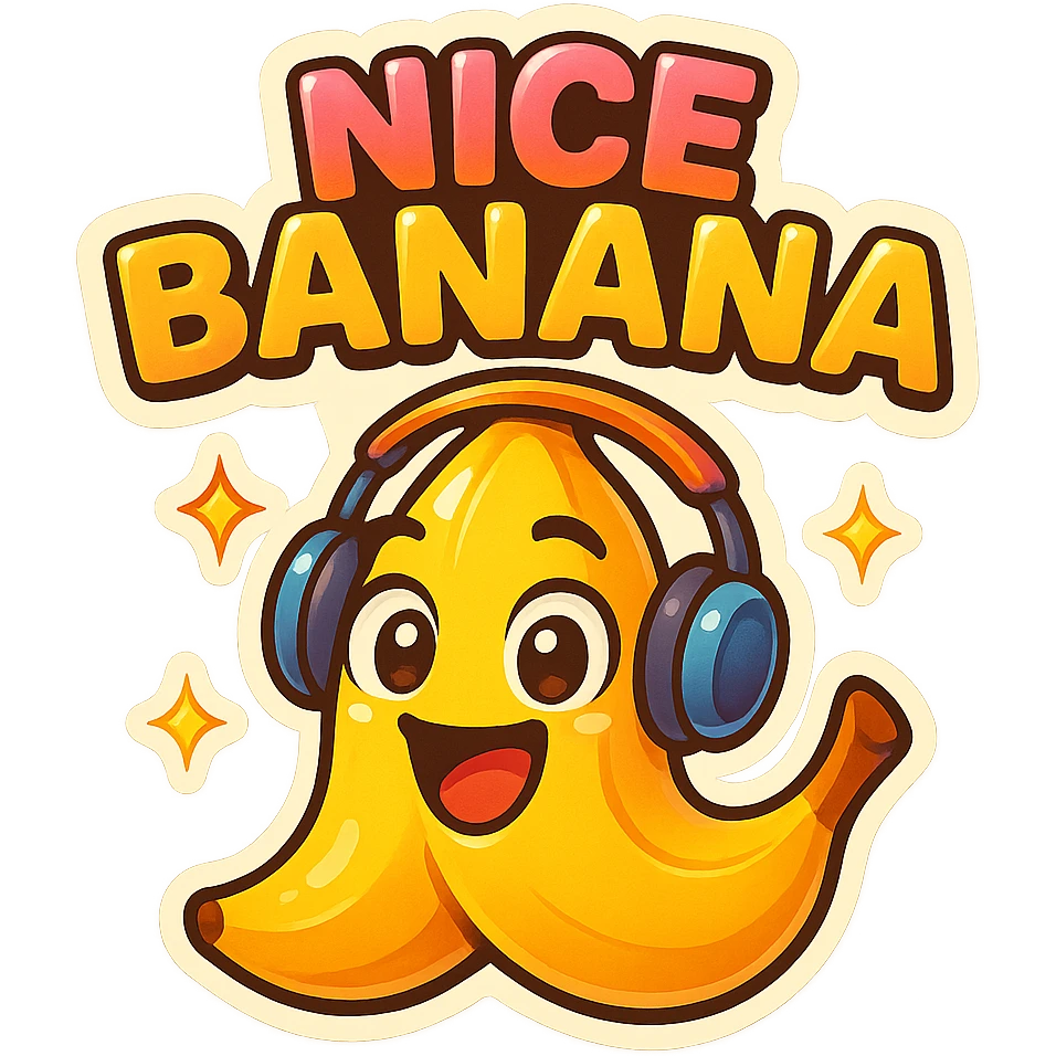 Funny cartoon banana, big happy smiling face, wearing tiny headphones, wide excited eyes, tiny sparkles around, text above: "NE BANANA", chibi style, Twitch emoji style, colorful, transparent background emoji