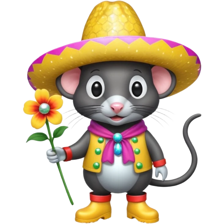 Rat eating a maruchan in one hand and a flower in the other with boots on for rain and that has one eye that looks like a disco ball as well with a Mexican hat one with a big nose and the rat has to be black  emoji
