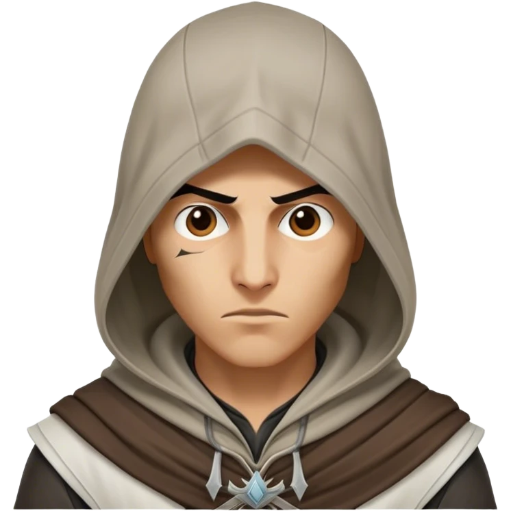Assassin‘s Creed character. Hood covering the head and forehead. Only the nose and mouth is showing of the face. emoji