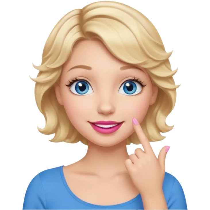 Girl Blonde short wavy hair,  blue eyes, cute blue top, long lashes, pink lips, smiling, hand over the mouth emoji