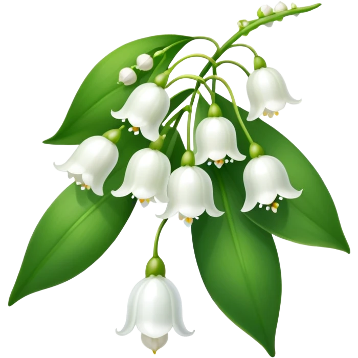 Elegant lily of the valley flower with delicate white bell-shaped blooms hanging from green stem and bright green leaves emoji