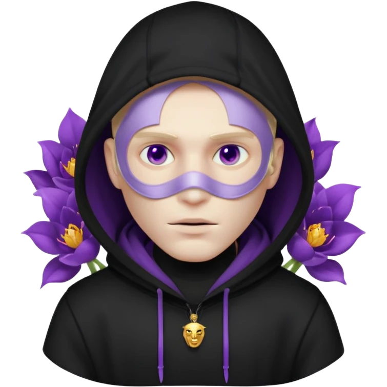 non human male cartoon character related to a shadow, with all black clothes, focusing a black hoodie, and a black versace face mask covering his entire face, just his purple shadow eyes making a light bloom emoji