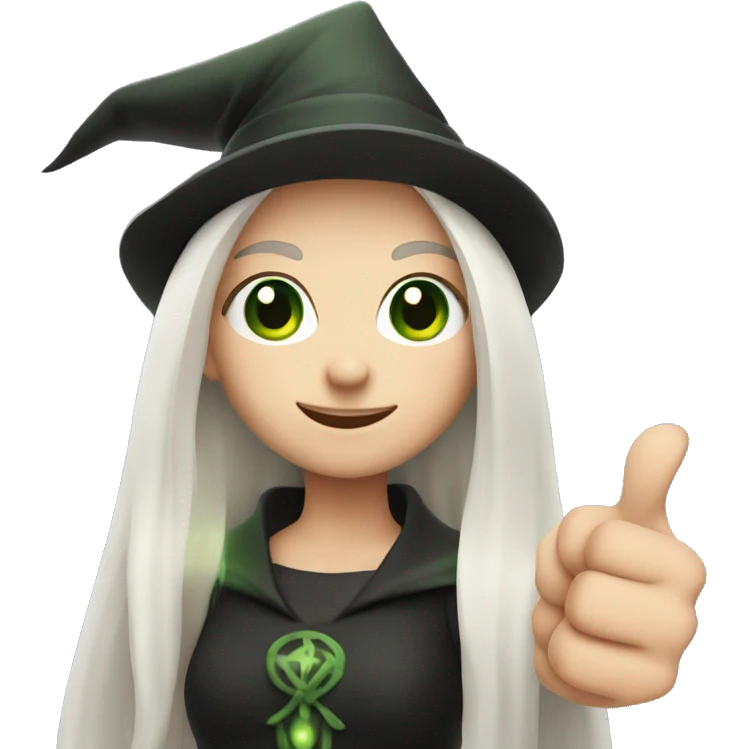 Young witch with white hair, white skin and cap, green eyes, thumbs up   emoji