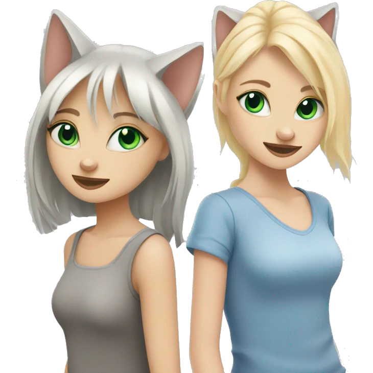 blue eyes grey kitten and green eyes blonde girl are friends emoji