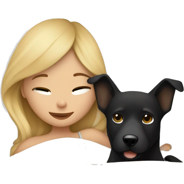 blond girl cuddling in bed with a black/ tan colored dog and cozy blankets emoji