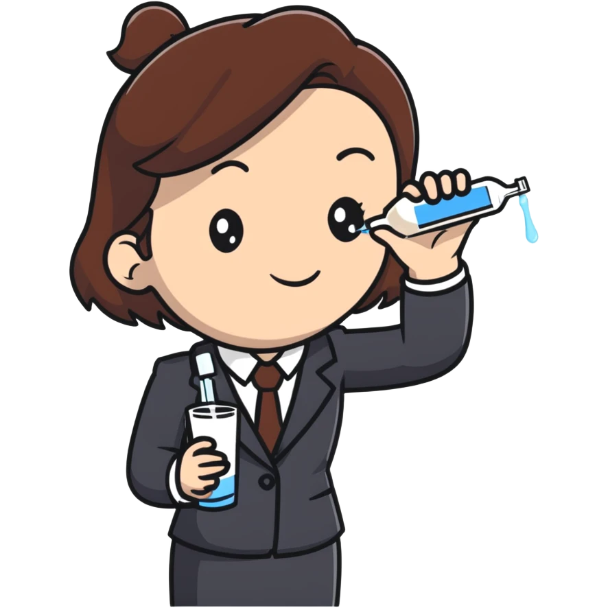 Mom with brown hair in business suit drinking milk and holding a vaccine syringe emoji