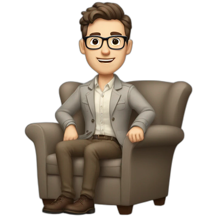 Joyful Pale skinned Fit Man With dark brown hair in gray jacket, beige office shirt, Brown pants and vintage glasses sitting In a soft chair. His thrumbs up emoji