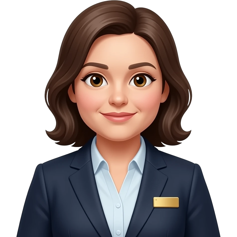 40yo, white, chubbier, medium dark brown hair, business woman, brown eyes, gold name-tage emoji