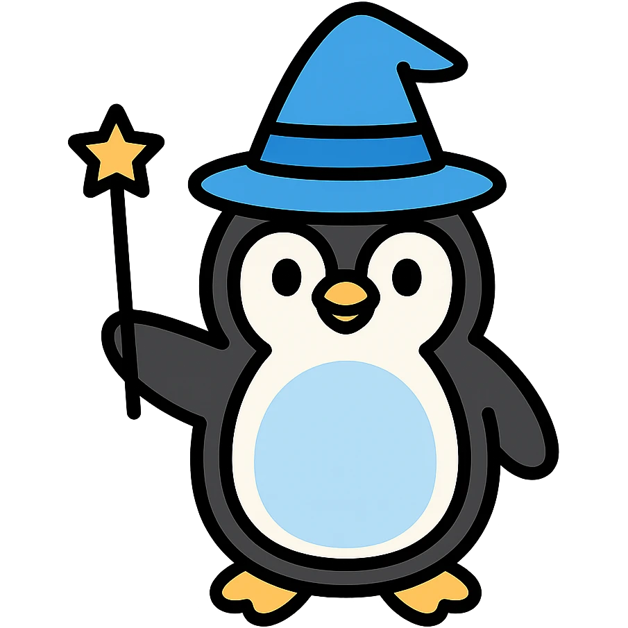 penguin wizard icon with a wand and hat in color outline style emoji
