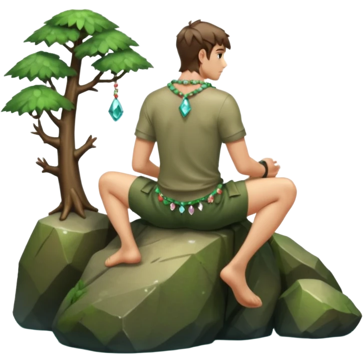 full body forest hunter man, from behind sitting on rock, wet back, crystal necklace visible emoji