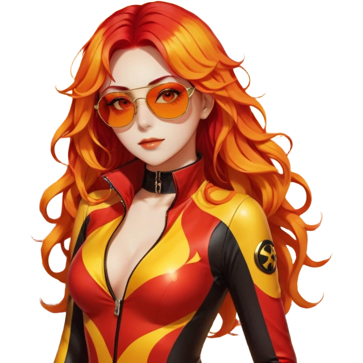 Beautiful gorgeous anime lady with beautiful fiery long warm-red-orange-yellow-gradient-wavy-special-hair, fashion aesthetic, slim red-tinted-sunglasses, accessories, gold jewelries, red-and-yellow sunny-pattern-eyes, black latex-suit, biker-woman, cool, badass, gold-sun-shaped-earrings emoji