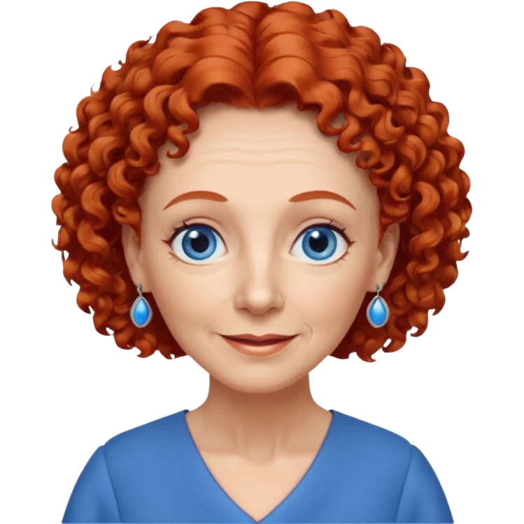 una profesora mayor simpática con el pelo rojo rizado, ojos azules, vestido azul y pendientes azules hablando emoji