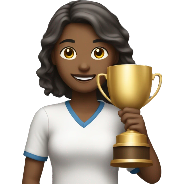 A girl is happily holding a trophy. emoji