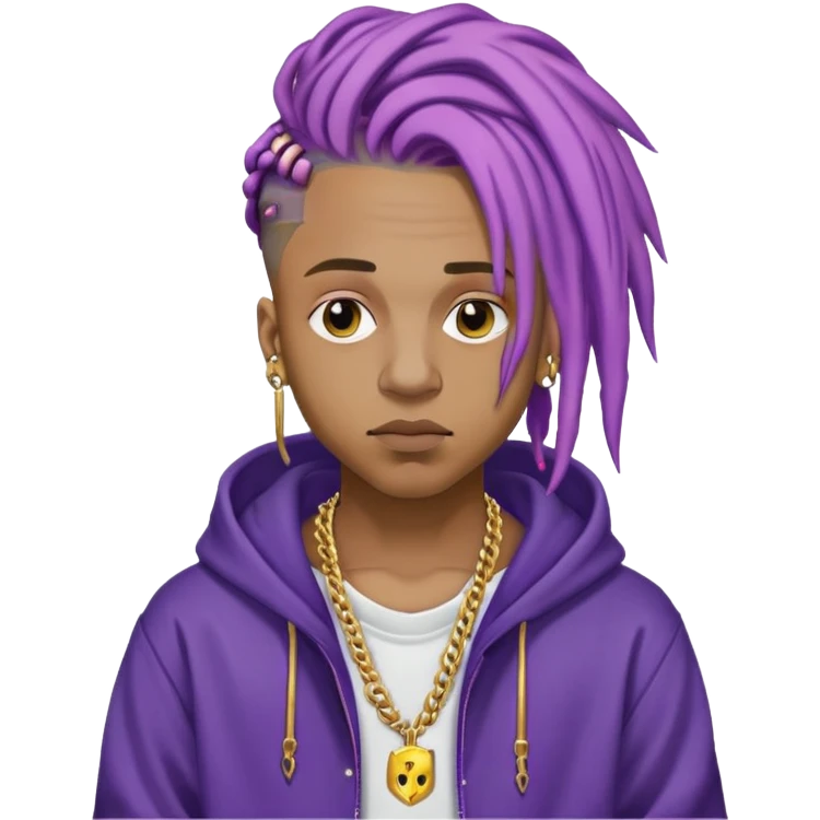 Juice WRLD with purple dreadlocks, 999 tattoo, gold chain, and hoodie emoji