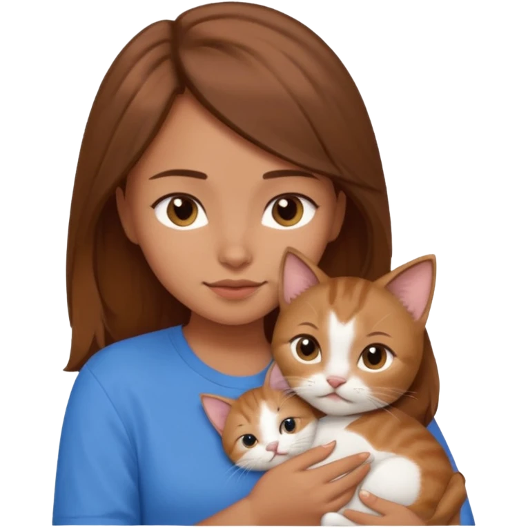Create an emoji that has a girl wearing a blue shirt and brown hair snuggling a kitten. emoji