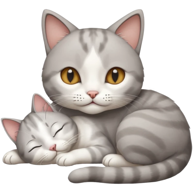 grey and white small cat with its eyes closed lying down with its paw holding up his head emoji
