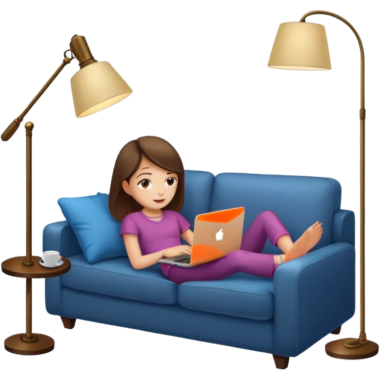 A girl is working with a laptop while lying on a sofa, with a floor lamp to the right. emoji