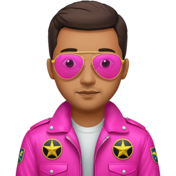 1980s cool man with stubble wearing reflective neon pink aviator sunglasses and a pilot topgun jacket emoji