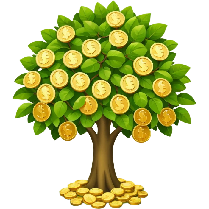 Apple-style money tree, round soft green canopy.
No pot, no ground — only the tree.
Small gold coins as fruits inside the leaves (not below).
Flat 2D vector, clean shapes, no gradients.
Dark near-black background, premium fintech icon. emoji