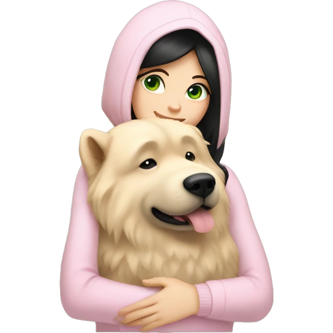 pretty woman with pale skin, very long black hair and green eyes and light pink outfit hugging a beige fluffy chow chow dog emoji