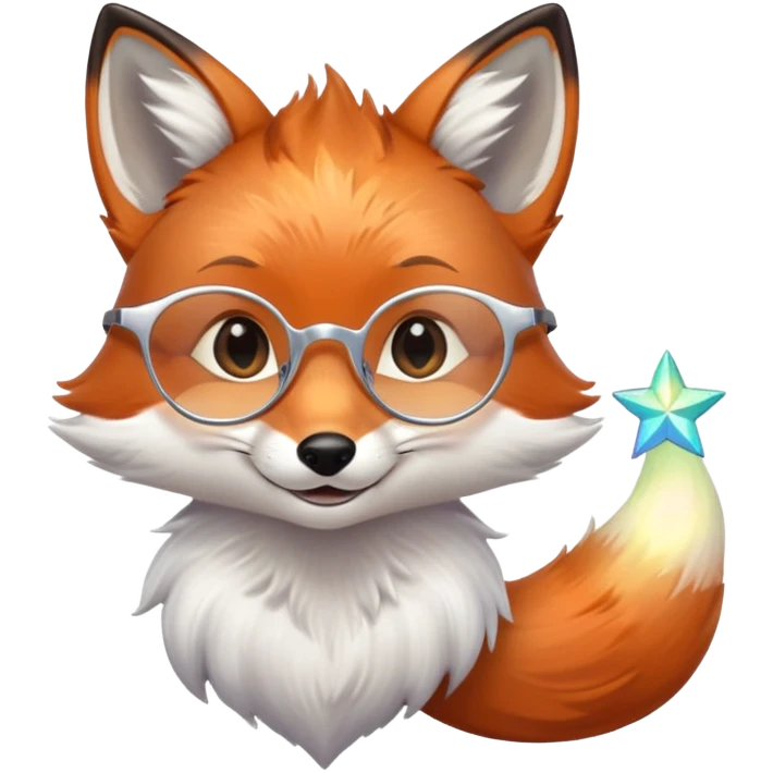 A gentle fox with iridescent fur, a glowing tail, a silver star on its forehead, and round glasses, smiling softly with closed, happy eyes emoji