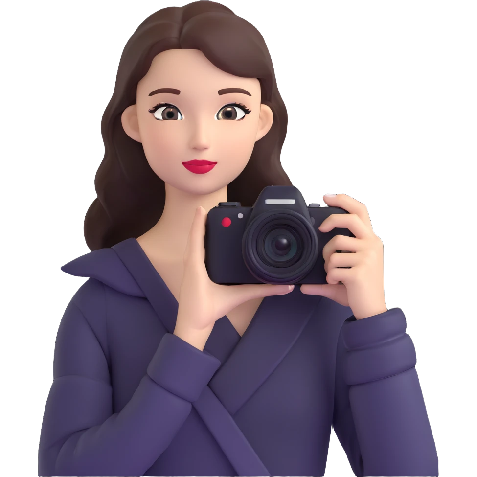 Professional European fashion model during photoshoot, posing while taking photo with camera emoji