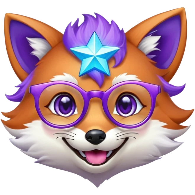 A magical fox with shimmering purple and blue fur, a glowing tail, a silver star on its forehead, and round glasses, laughing so hard that tears are streaming from its eyes emoji