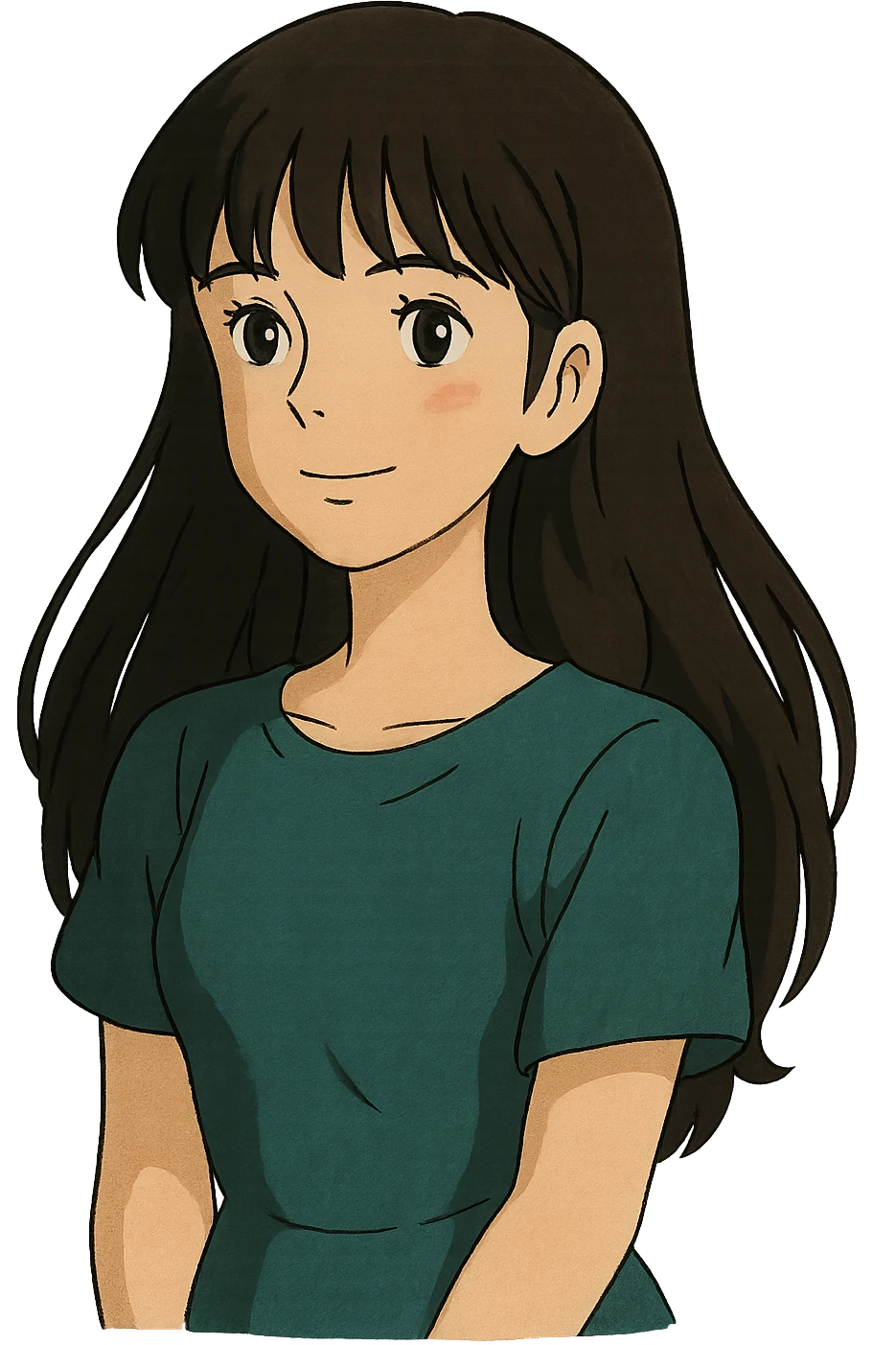 chica morena linda con cabello largo y fleco, ghibli style emoji