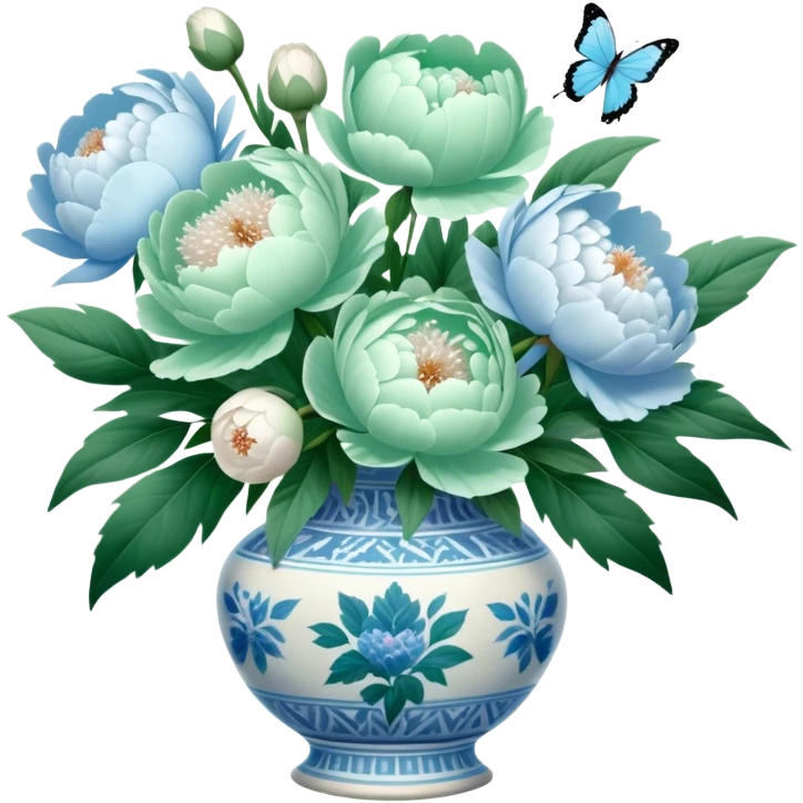 A soft green butterfly fluttering near a bouquet of pale blue and white peonies in an antique vase. emoji