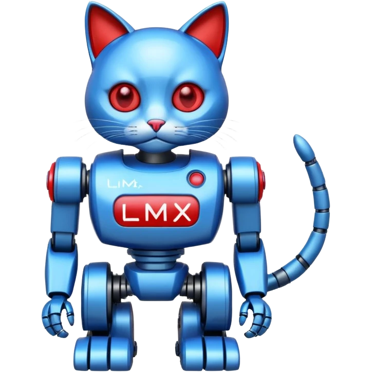 generate robot cat, glossy, realstic, red and blue color, add text on chest "LMX" emoji