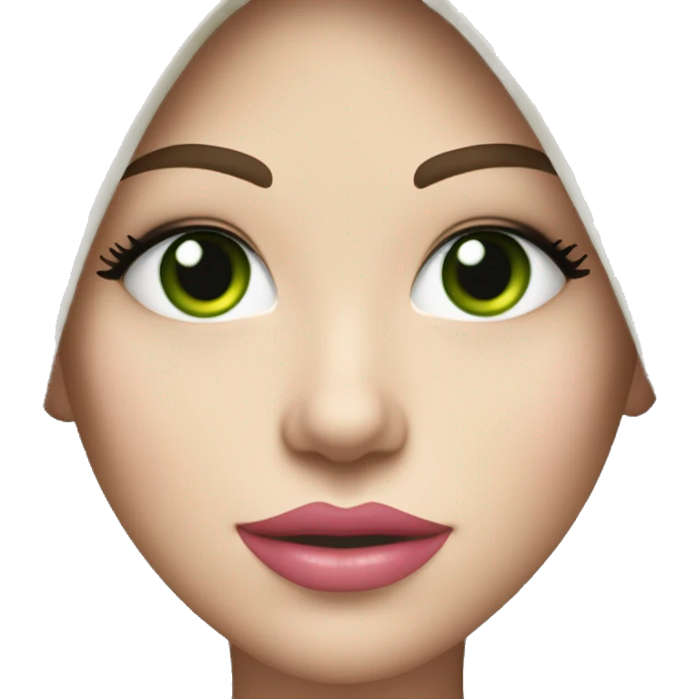 Brunette bombshell girl with long straight hair, pale skin, big pink lips and green eyes emoji