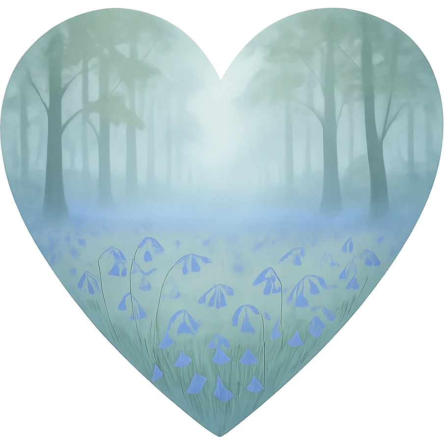 heart with a misty morning bluebell wood, clean digital illustration emoji