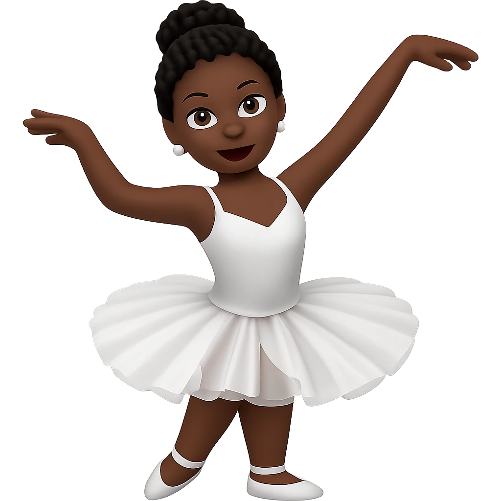 Make her a ballerina with dark skin and curly black hair in the style of apple emojis, no background. emoji
