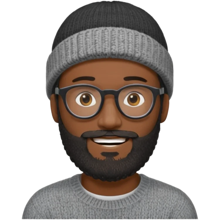 A dark-skinned man with a gray knit beanie, black glasses, a full beard, and a friendly smile. emoji