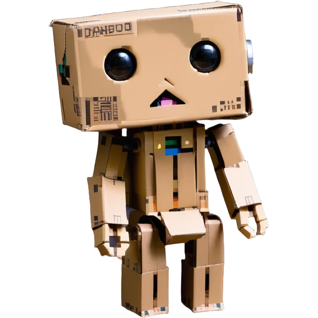 small cardboard robot named Danbo standing alone in a softly lit room, square head with two round black eyes and a small rectangular mouth, folded cardboard body, jointed arms and legs, wooden flooring, warm tones, soft shadows, cartoonish, clean lines, pastel colors, cozy and nostalgic atmosphere emoji