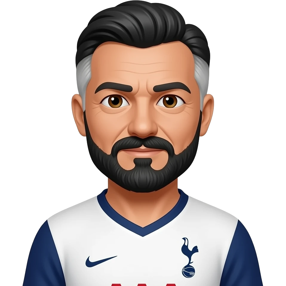 White man in his 50’s with black and white hair - more black than white. Also has a short black and white mustache and beard. Brown eyes. Wearing a Tottenham home jersey . emoji