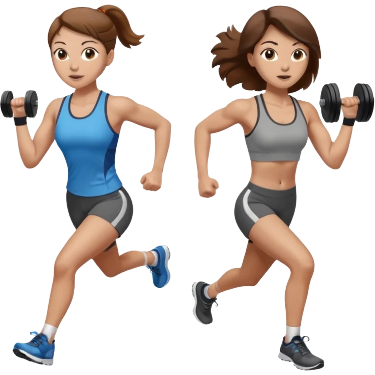 two women. only one is running. the other is only lifting weights. brown hair, light skin, hazel eyes. emoji