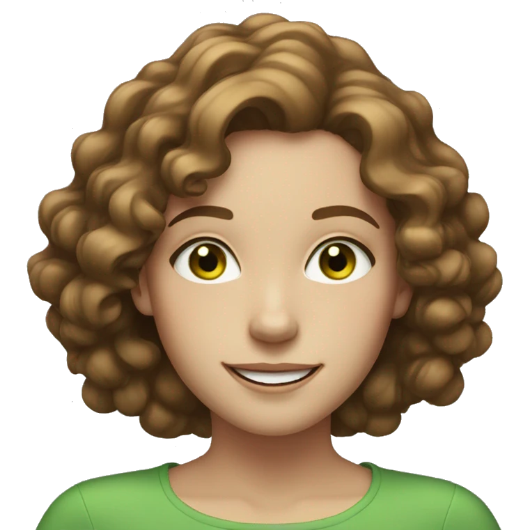 pale young woman with neck length brown curly hair, green eyes, and freckles smiling emoji