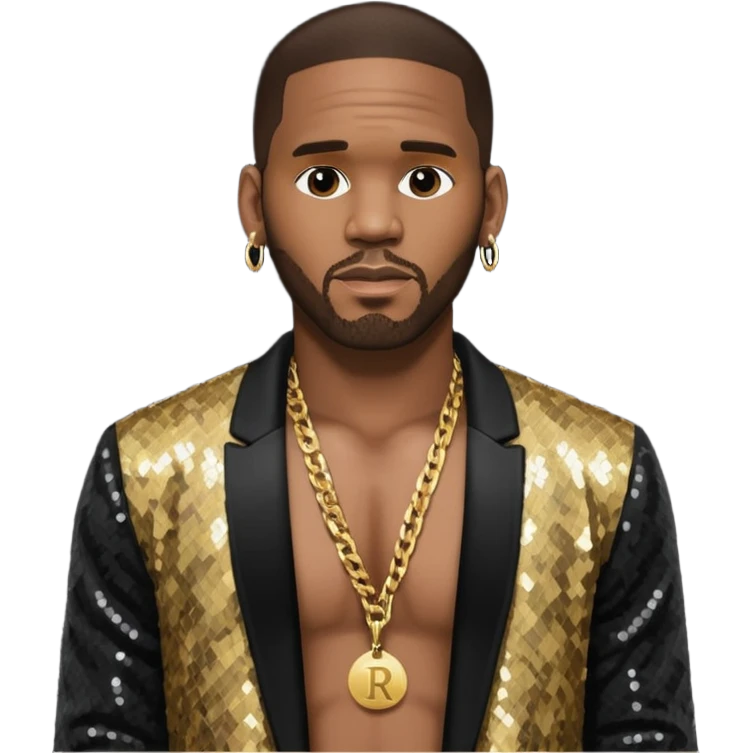 R. Kelly with dark brown hair, black sequin jacket, shirtless with necklace emoji
