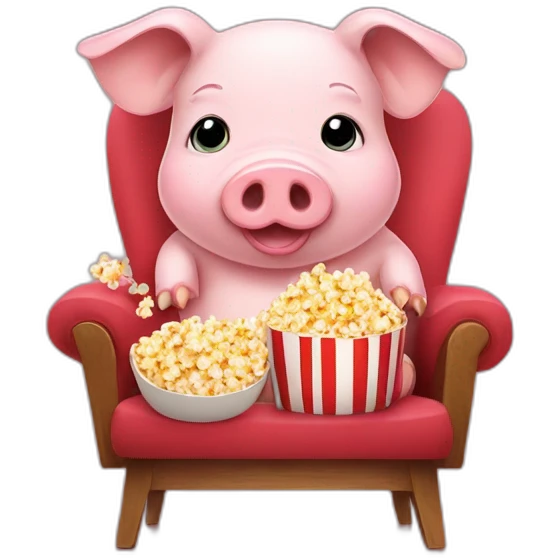 Cute pig sitting on a chair with popcorn emoji